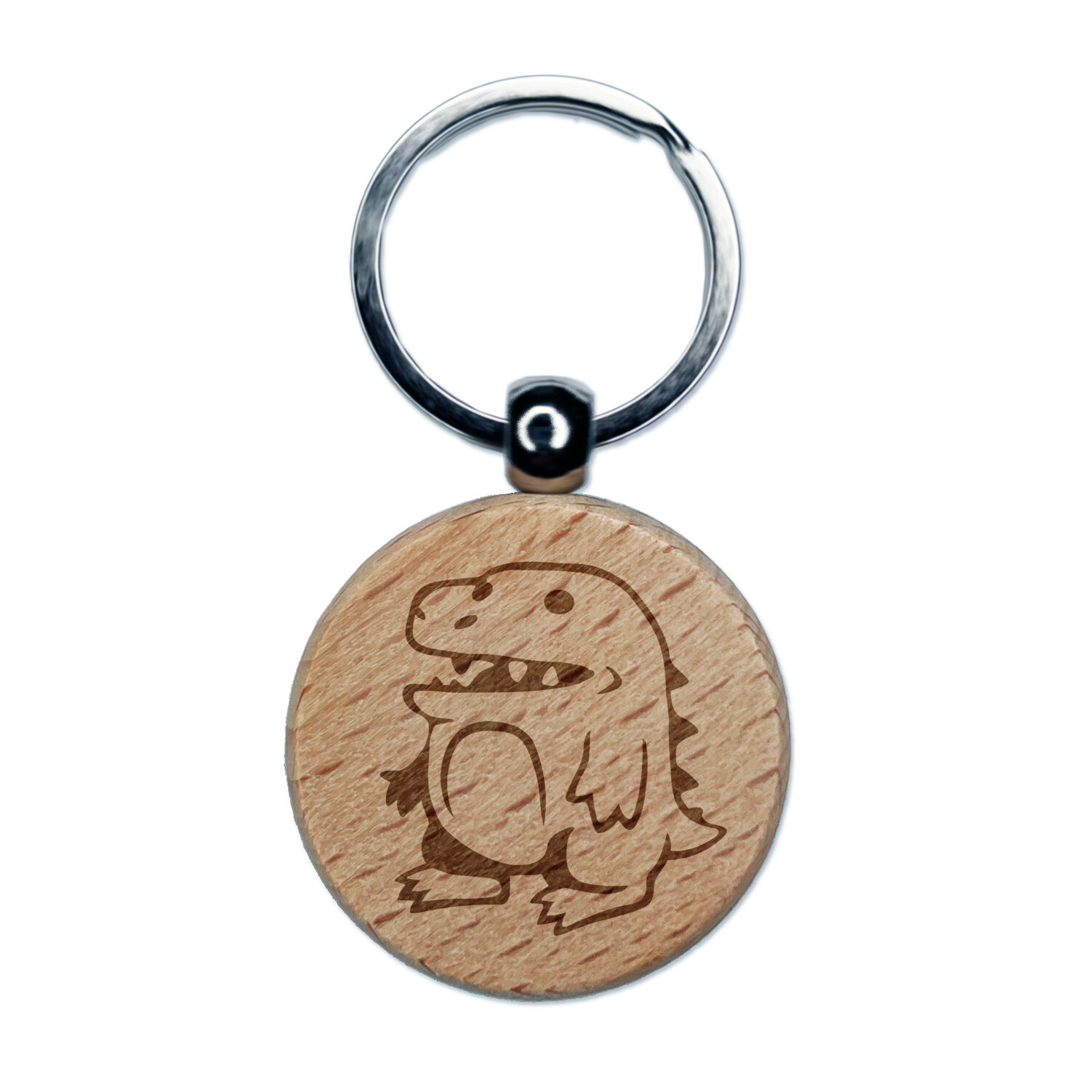 Silly Cartoon Dinosaur Engraved Wood Round Keychain Tag Charm