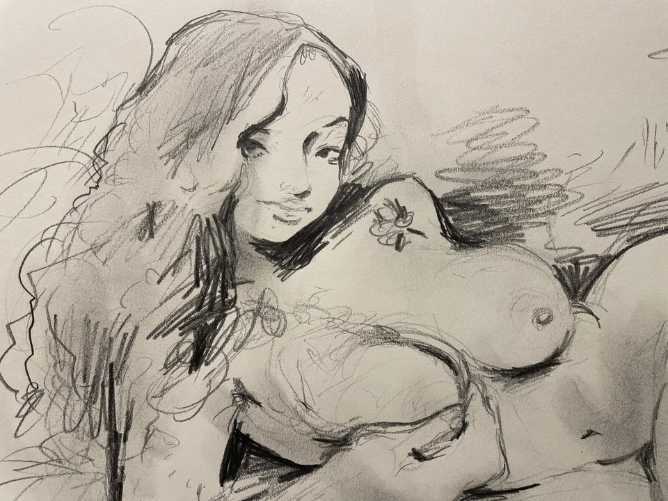 Papel de dibujo a lápiz figura tocador post-realista 14x17 original firmado BVC 2025 Foto 4 de 4