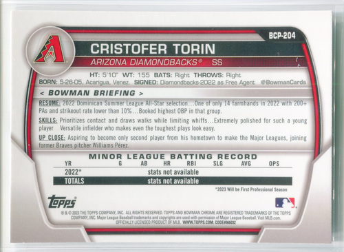 Christofer Torin Bowman Chrome 2023 Mojo Refractor Card Arizona Diamondbacks - Picture 2 of 2