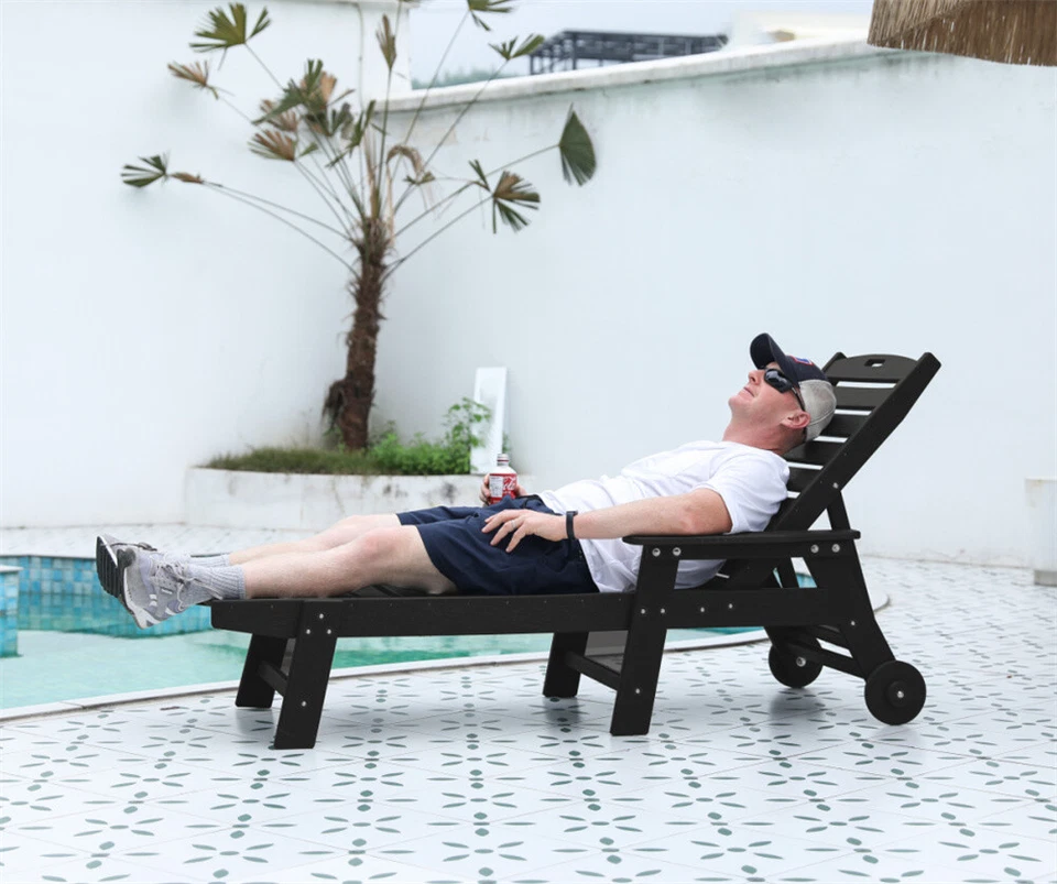 Wood Outdoor Folding Chaise Lounge Chair Beach Poolside Recliner Sunbed Wooden - Image 2 of 4