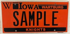 Iowa WARTBURG COLLEGE KNIGHTS license plate Waverly University Denver