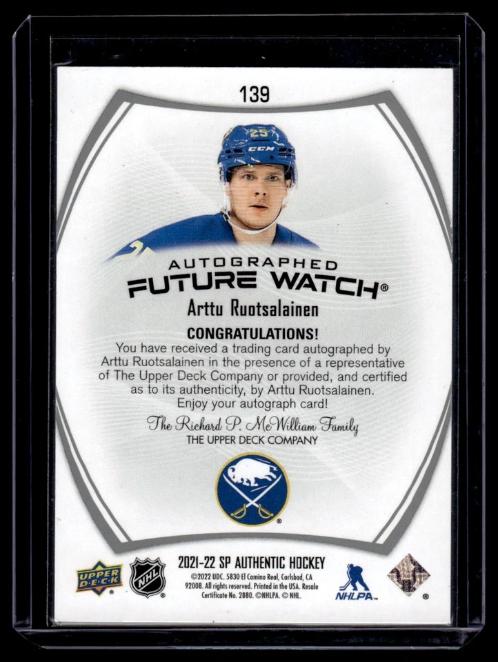 2021-22 UD SP Authentic Future Watch Arttu Ruotsalainen RC Auto /999 #139 - Image 2 of 2