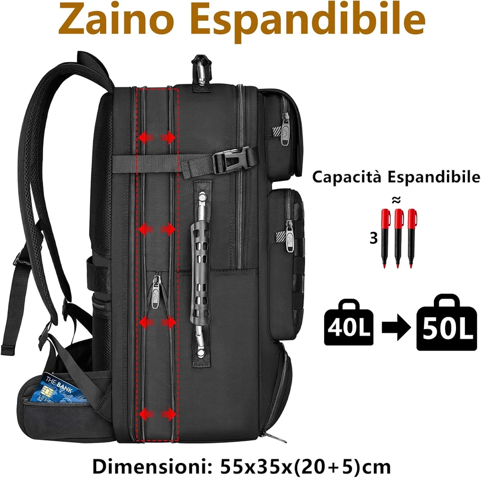 Zaino Bagaglio a Mano 55X40X20, Zaino Da Viaggio 50L Multitasca Espandibile Bors - Immagine 2 di 4