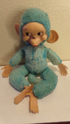 Vintage  Rubber Face Hands & Feet Blue Monkey Plush Rushton 15'' 1950s