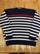 Vintage Ralph Lauren Polo Heavy Knit Sweater Blue White Striped Cotton Men s XL