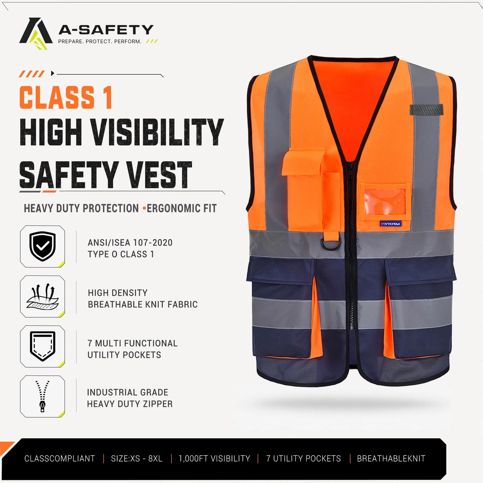 Hi-Vis Reflective Vest, Reinforced Points, Zipper, Orange/Navy, M image 5