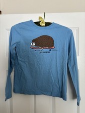 Boden Kids 11-12 Shirt Blue Hedgehog Graphic Long Sleeve Organic Cotton