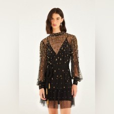 FARM RIO Black Embroidered Tulle Overlay Belted Long Sleeve Mini Dress,Small,398