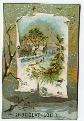 GlanzbilderOblaten scraps Litho Landschaft Winter personen Vögel Louit  10,8 cm