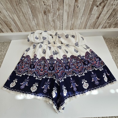 New York & Company Navy Blue and White Paisley Sleeveless Romper Size Xs - Picture 6 of 9