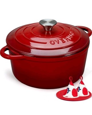 Overmont 5,2L 26cm Gusseisen Dutch Oven Kasserolle mit Deckel Antihaft Rot R175 LESEN