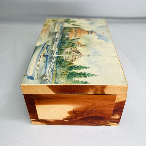 Vintage San Diego Wood Souvenir Box, Wooden watercolor sailboats, skyline - Picture 4 of 11