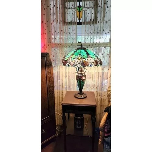 Tiffany Style Table Lamp Victorian Blue Amber Mission Lighted Base 24.5"Tall New - Picture 4 of 24