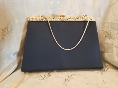 Vintage ''After Five'' Black Bejeweled Gold Frame Evening Bag / Purse w/ Repair