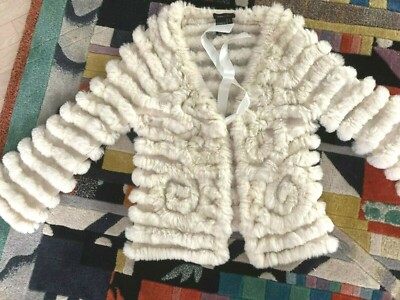 BCBG MAX AZRIA GORGEOUS RABBIT FUR JACKET - SWIRLS, SATIN RIBBON, HOOK CLOSURE S