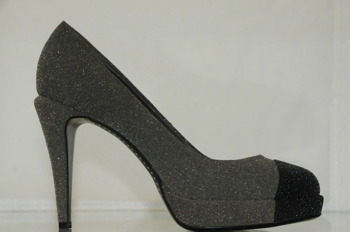 $895 NEW CHANEL GLITTER GREY Black Platform CC logo PUMPS SHOES 40 EVENING