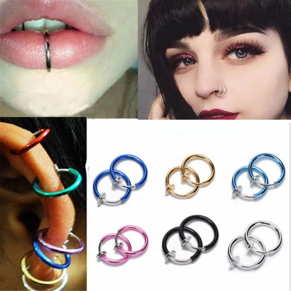 2Pcs Fake Nose Ring Goth Punk Lip Ear Nose Clip Piercing Lip Hoop Rings Earrings