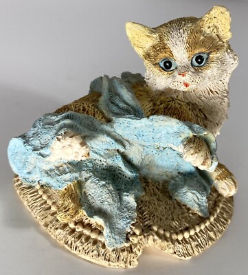 Kitty Cat Playing With Blue Blanket Figurine 3.75'' Long 3'' Tall Orange Tabby