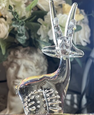 Clear Art Glass Reindeer Deer Figurine 6  Collectible Vintage