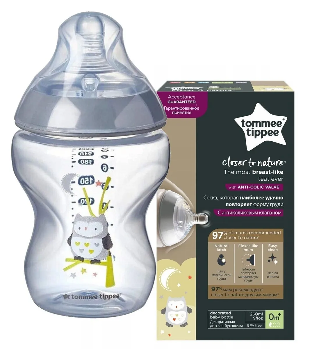 Tommee Tippee 260ml Slow Flow, Closer To Nature Baby Feeding Bottles, 0+Months