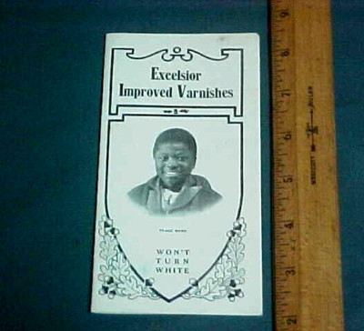 Vintage Black Face Excelsior Improved Varnishes ''Won't Turn White'' Brochure Ad