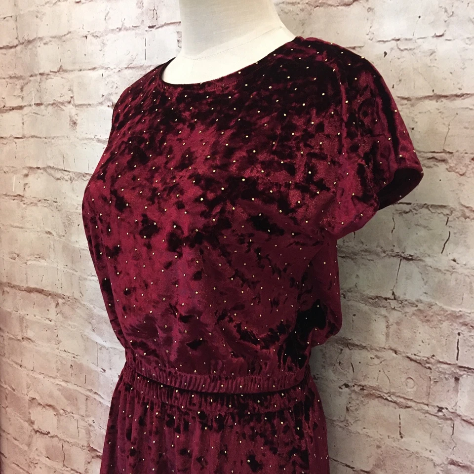 Vestido Ella Moss Niñas Borgoña Crush Terciopelo Dorado Tachonado Cintura Elástica Talla 14  Foto 3 de 4