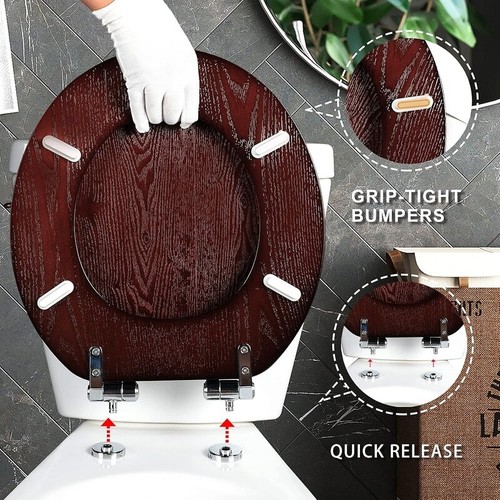 Round Wooden Toilet Seat Slow Close Easy Clean Quick Release Hinges No Slam New - Picture 4 of 7
