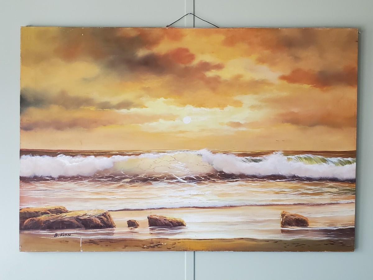 Original Oil Painting Canvas Beach Sunset Ocean Cresting