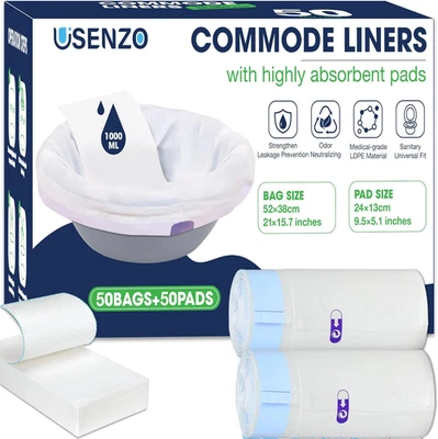 USENZO Commode Liners with Absorbent Pads | Value Pack 50 Count Universal Fit | Bedside