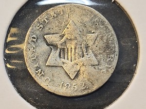 1852 THREE CENT3C (TRIME) SILVER PIECE COIN DAMAGED