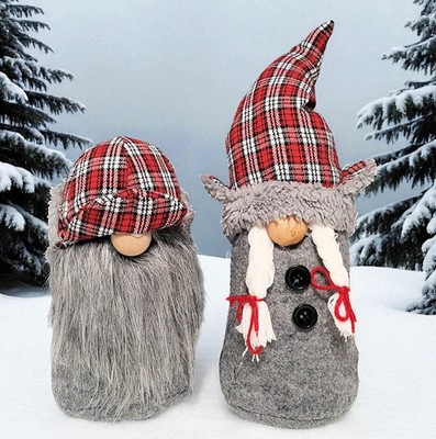Meravic Christmas Gnome Couple Decor 11'' & 8'' Plaid Holiday Hand Crafted
