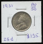 1931 Canada Twenty-Five Cents Silver Coin