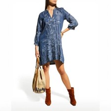 Johnny Was Workshop Dress Large Kairi Chambray Denim Embroidered Bishop Sleeve
