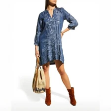 Johnny Was Workshop Dress Large Kairi Chambray Denim Embroidered Bishop Sleeve