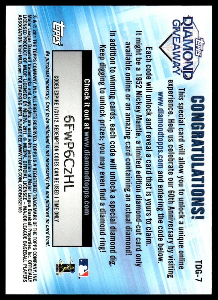 2011 Topps #TDG-7 Derek Jeter Diamond Giveaway - Image 2 of 2