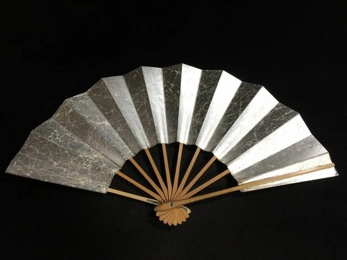 S0252 Vintage Japanese Folding Fan Sensu Silver Leaf Dance Kimono with Box