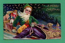 VINTAGE CHRISTMAS POSTCARD SANTA GREEN COAT SLEIGH DOLLS GIFTS STARS SNOW