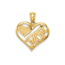14k Yellow Gold Heart Mom Pendant Textured Open Charm for Women Mothers Day