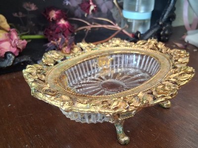 24K gold-plated ormolu  Hollywood Regency floral  vanity dish ornate 1950's