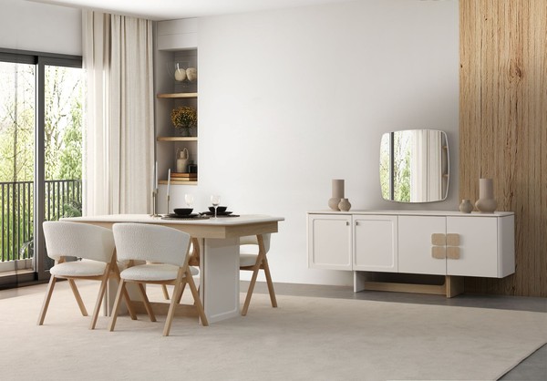 Stilvolles 8‑Tlg. Esszimmer Set Tisch 6 StüHle & Sideboard Mit Spiegel-image