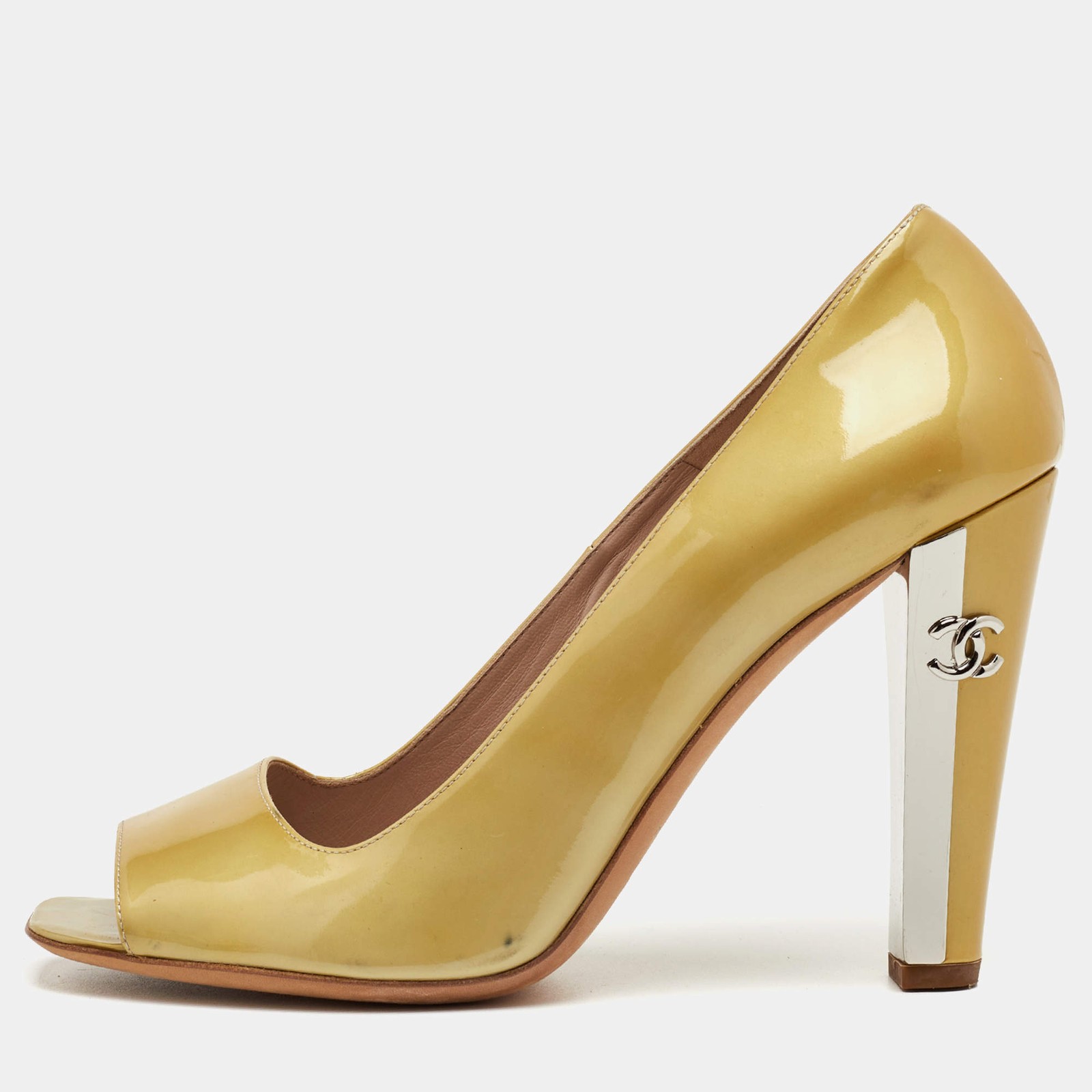 Chanel CC Size 41 Yellow Patent Leather Peep Toe Pumps