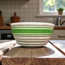 Vintage Hull Beehive Mixing Bowl Green Stripped Yelloware 6