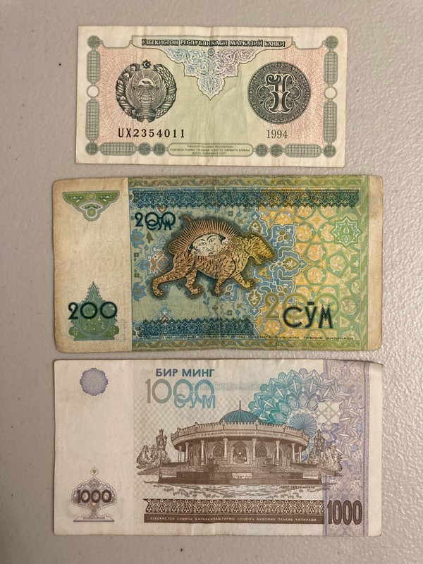 UZBEKISTAN Banknote Lot- 3 Circulated Bills - 1, 200, 1000 Som (1994,1997,2001)