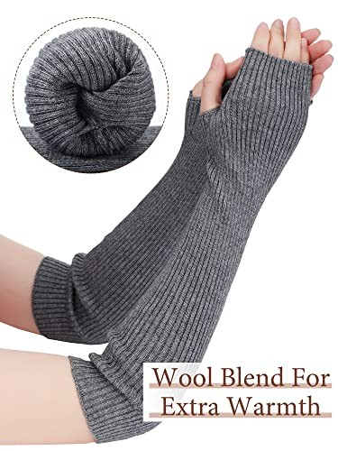  3 Pairs Wool Blended Arm Warmer Women Soft Stretchy Knitted Black, White, Grey