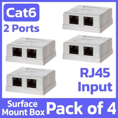 4 Pack RJ45 Surface Mount Box 2 Port Wall Mount Cat6 Ethernet Connector - White