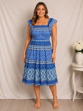 Eliza J Blue White Floral Midi Dress 16W Smocked Sleeveless NWT