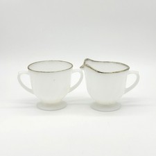 Vintage Fire King Ovenware Creamer and Sugar Set milk glass gold trimmed Classic