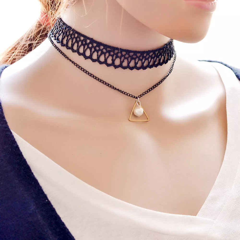 Black Suede Lace Choker Necklace With Triangle White Pearl Shaped