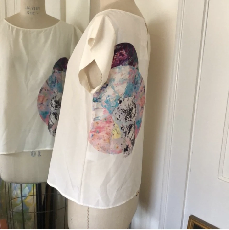 Blusa Top Cynthia Vincent Twelfth Street Tiger Seda Blanca Manga Acampanada L NUEVA Foto 4 de 4