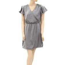 Madewell Anthropologie Beaded Embellished Wrap Mini Dress Solid Gray S-P 268015
